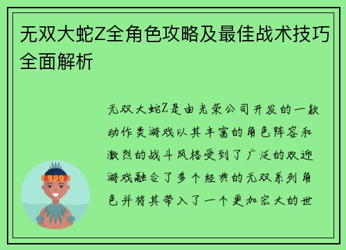 无双大蛇Z全角色攻略及最佳战术技巧全面解析